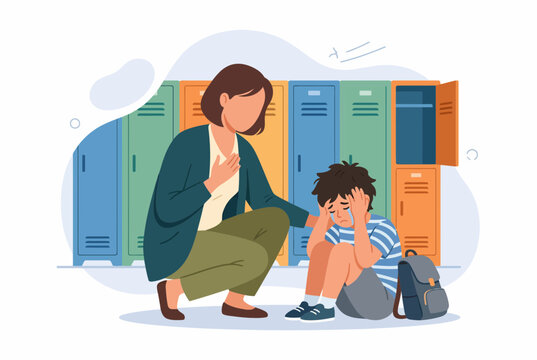 School Counselor Comforting Sad Crying Student in Hallway