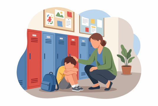 Teacher Comforting Sad Student in School Hallway Illustration