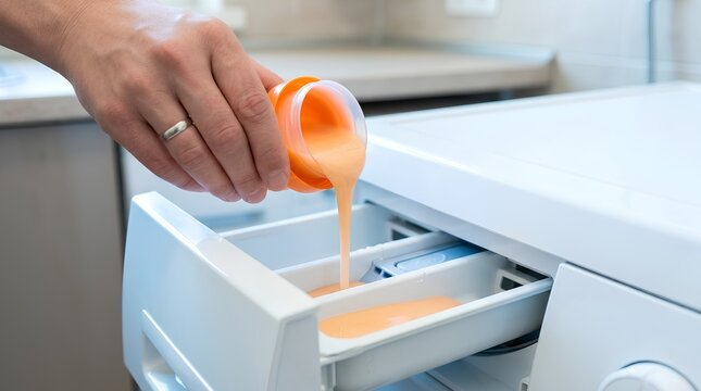 Hand Pouring Orange Liquid Detergent into Washing Machine Dispenser Drawer &ndash; Laundry Concept Banner