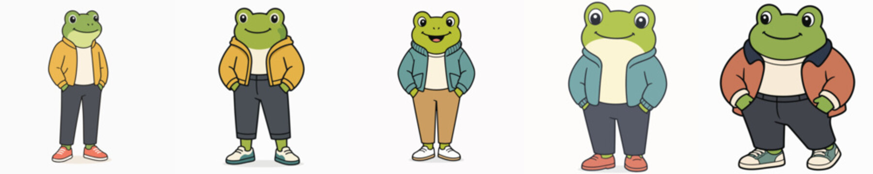 A set of cute and adorable frog vectors posing while standing, wearing a jacket with hands in the pockets.