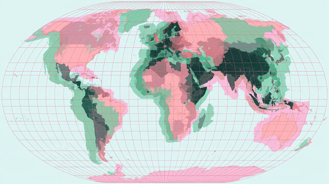 World Map with Population Density Zones: A world map displayed in a Mercator projection, with countries and regions color-coded to represent population density.