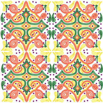 Beaded embroidery seamless pattern with colorful beads sequins and paisley scrollwork
