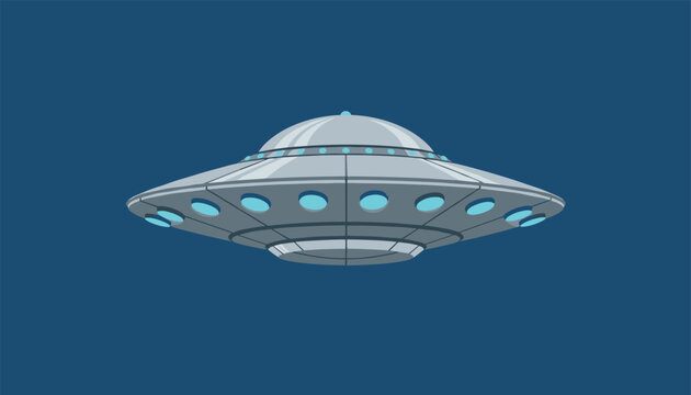 Classic metal flying saucer spacecraft with glowing cyan lights floats in space against a deep blue background.