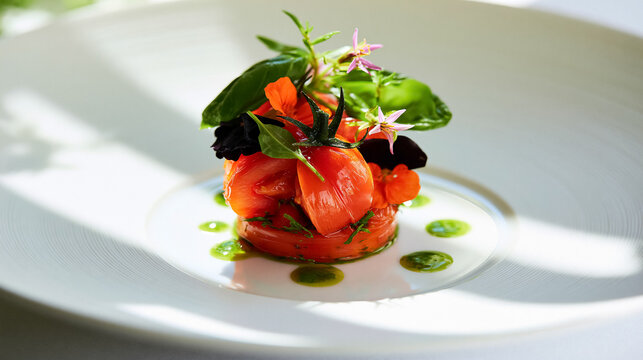 Tomato salad plated for a gourmet meal, featuring fresh basil, vibrant edible flowers, and a light herb oil