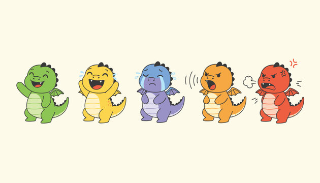 Row of five cute little cartoon dragons of different colors expressing a range of emotions from happy to extremely angry.
