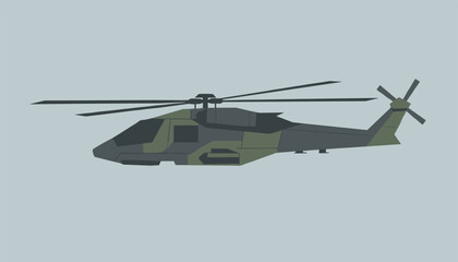 Fototapeta premium Side view illustration of a modern military stealth helicopter painted in camouflage green and gray against a solid background.