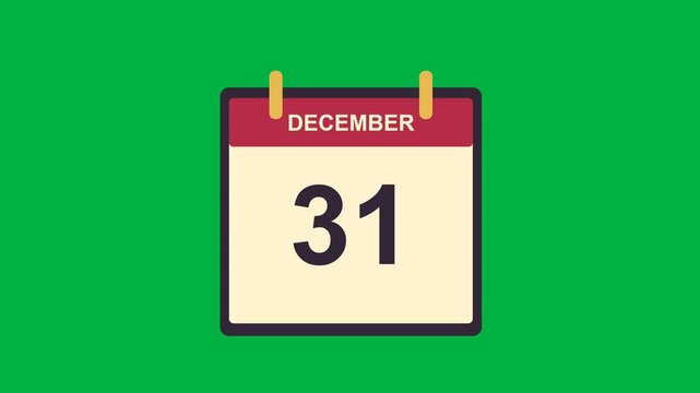A desk calendar flips from December 31 to January 1 and resets for the next loop. 4K UHD animation on solid chroma green with a 12 second loop at 30 fps. No audio.