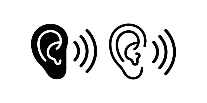 Black and white ear icon with sound waves for hearing perception.