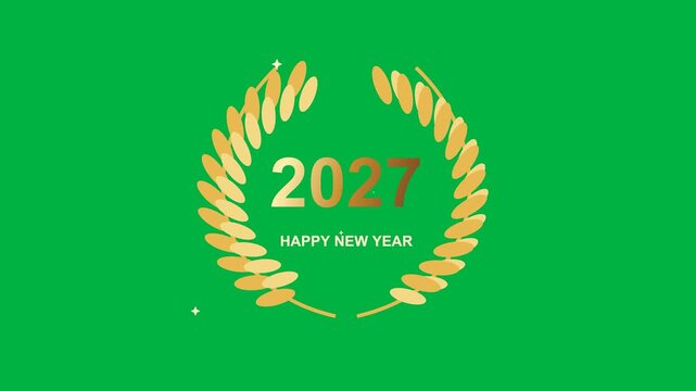 Golden laurel branches frame the year 2027 with small surface glints. 4K UHD animation on solid chroma green with a 12 second loop at 30 fps. No audio.