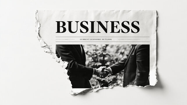 Business Deal: A torn newspaper clipping reveals a handshake between two individuals, signifying a successful business agreement.