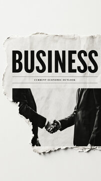 Handshake through torn paper revealing BUSINESS: A powerful visual metaphor for breaking barriers and forging new partnerships in the world of commerce and finance.