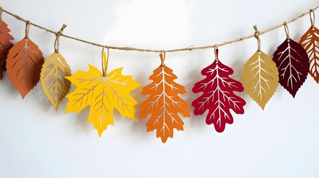 Autumn paper leaf garland hangs on white wall with twine for seasonal festive decoration.