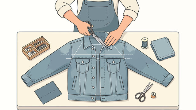 Fashion Design Concept Sketch Showing Jacket Construction with Tailoring Tools and Fabric Swatches
