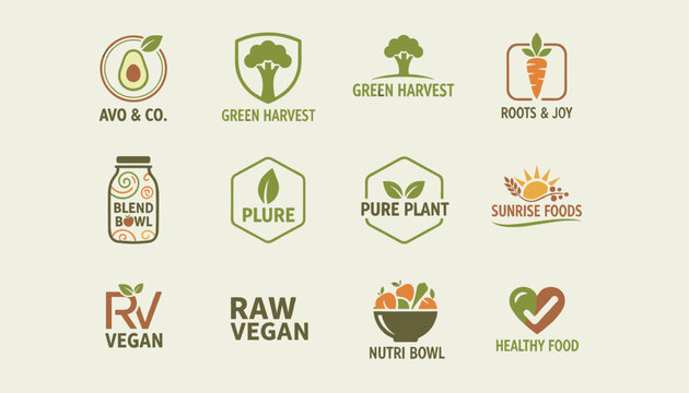 Set of natural organic food logos and badges promoting healthy eating, vegan lifestyle, and green harvest concepts.