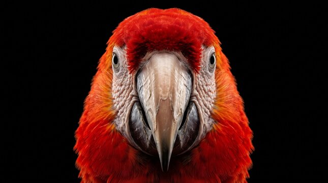Symmetrical portrait of scarlet macaw parrot on black background