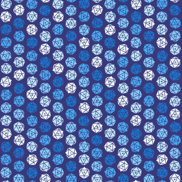 Seamless pattern of blue 20-sided dice (d20) for tabletop RPG games