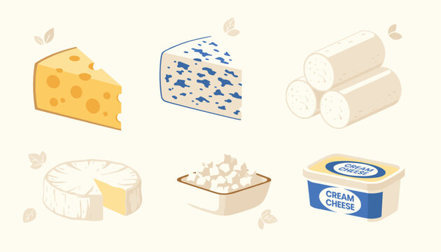 Assortment of different cheese types including swiss, blue cheese, goat logs, brie, cottage, and cream cheese.