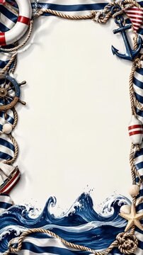 Decorative nautical border frames a blank cream center while deep blue ocean waves undulate below rope, anchor, lifebuoy, ship wheel, sailboat, shells, starfish, and striped buoys