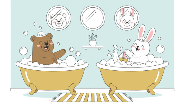 Cute cartoon brown bear and white rabbit enjoying a bubble bath in golden tubs in a cozy bathroom setting.