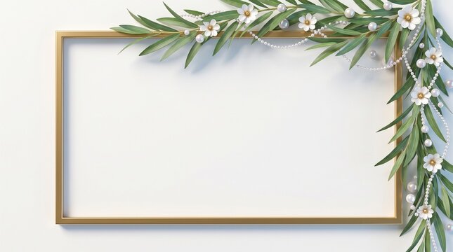 Elegant Gold Frame Background with Green Olive Branches and Pearls &ndash; Wedding Invitation Template
