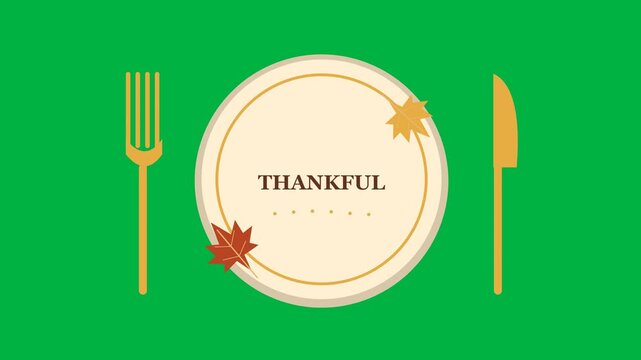 An overhead ivory plate with gold cutlery is framed by two autumn leaves. 4K UHD animation on solid chroma green with a 12 second loop at 30 fps. No audio.