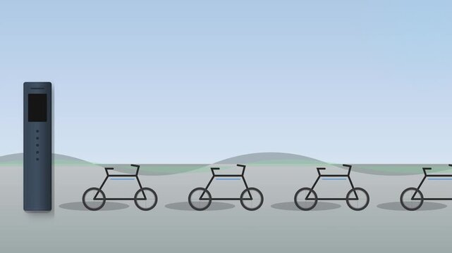 Minimalist flat design animation of generic electric bicycles moving in a row past a smart charging station kiosk in an urban landscape, representing sustainable green mobility and smart city.