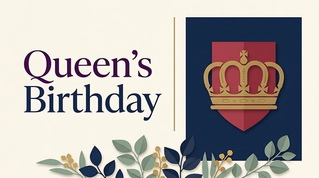 Queen's birthday celebration graphic with crown and leaves