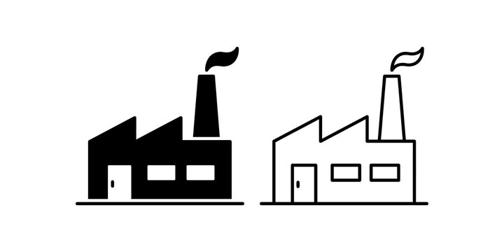 Factory building icon with smoking chimney in two different styles.