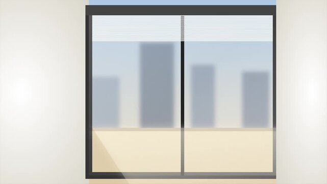 Minimalist 2D motion graphic animation of white horizontal window blinds opening to reveal a blurred urban city skyline view from a modern apartment or office interior space during daytime.