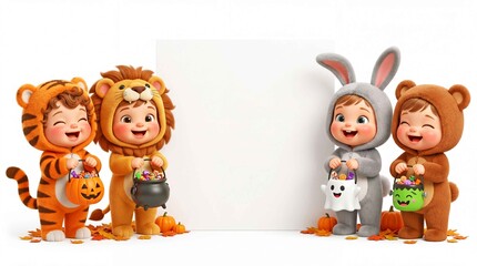 Fototapeta premium Cute toddler children in animal costumes holding candy buckets with blank board