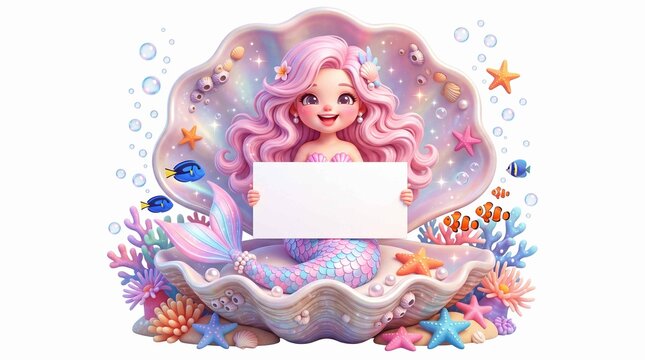 Cute pink mermaid with blank sign sitting in giant open seashell underwater