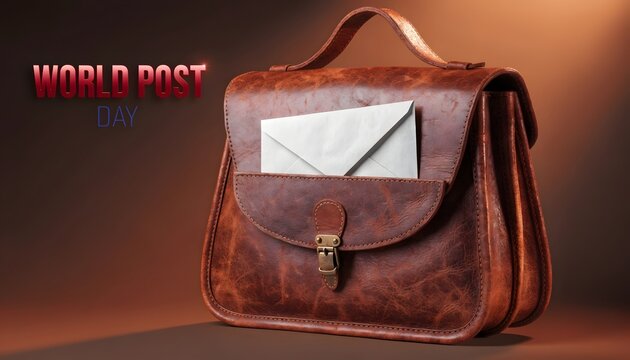 Classic brown leather postman satchel with a white envelope on a dark background