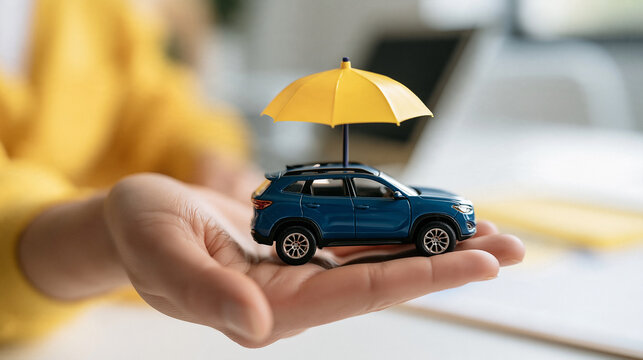 Tiny Car Protected by Umbrella: A person's hand gently holds a miniature blue car with a small yellow umbrella shielding it, symbolizing car insurance and protection.