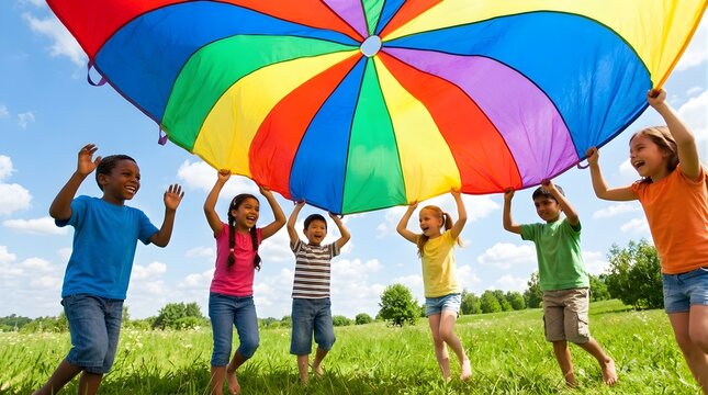 Happy children playing with a vibrant rainbow parachute in a sunny green field