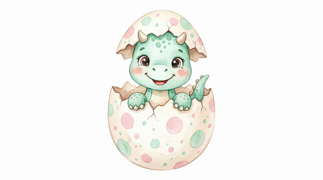Cute baby dinosaur hatching from colorful spotted egg illustration