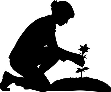 Silhouette of a woman kneeling to plant a flower in a garden, black and white vector illustration on a white background