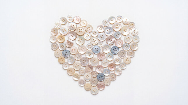 Heart shape made of assorted beige and gray sewing buttons on white