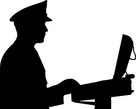 Black Silhouette of a Uniformed Security Officer Operating a Computer Monitor and Console