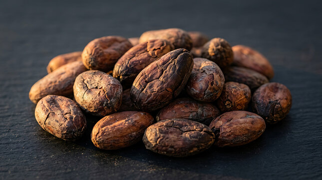 Heap of dried cocoa beans on dark surface, raw ingredient for chocolate