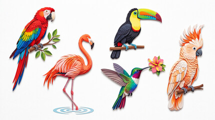 Fototapeta premium Colorful tropical bird set with parrot flamingo toucan hummingbird cockatoo