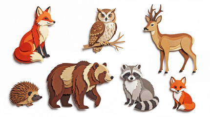 Obraz premium Colorful wooden forest animal figures including fox, deer, owl, and bear