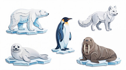 Fototapeta premium Detailed cartoon style animals on ice including polar bear, wolf, seal, penguin, and walrus
