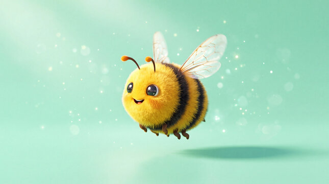 Cute fluffy bee with happy face flying against soft blue background