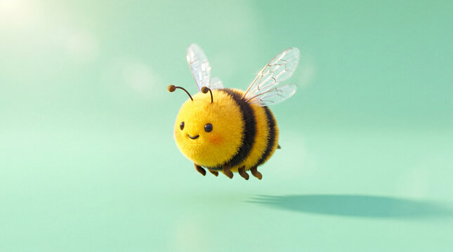 Cute fluffy bee flying with transparent wings smiling on pastel background