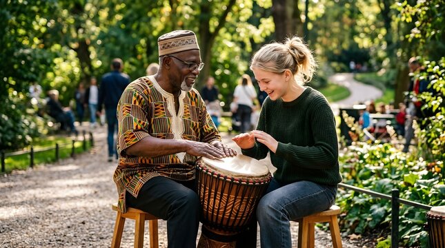 Senior man teaching young woman how to play traditional drum in park