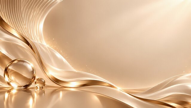 Elegant Golden Abstract Waves with Glass Sphere and Soft Luxury Background