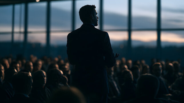 Business Leader Speaking Confidently At A Company Town Hall Meeting, Blue Hour Twilight Glow, Wide-Angle 24mm Lens, Expansive View, Cool Muted Blue-Gray Palette, Candid Authentic Photography