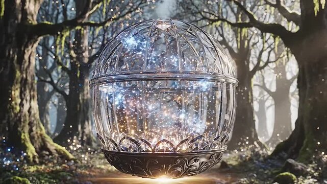 Floating glass dome with glowing magical particles in a forest setting at night, inviting viewers to explore its wonders