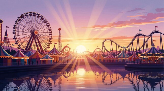 Amusement park with Ferris wheel and roller coaster at sunset over water. Colorful tents and carousels reflect in lake creating magical evening scene for fun.