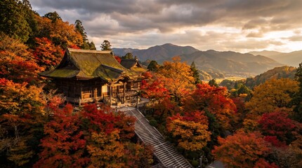 Obraz premium Scenic Autumn View of a Traditional Japanese Temple Surrounded by Colorful Maple Trees and Mist Covered Mountains at Golden Hour